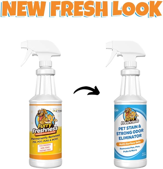 FurryFreshness Extra Strength Cat or Dog Pee Stain & Permanent Odor Remover + Smell Eliminator -Removes Stains from Pets & Kids Including Urine or Blood- Lifts Old Carpet Stains- 32oz Spray