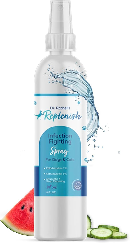 Replenish Skin Soothing Spray for Pets - Hot Spot Spray Treatment for Dogs - Dr. Rachel's Chlorhexidine, Ketoconazole, and Aloe Vera Formula for Dermatological Care in Dogs, Cats, and Horses - 8 oz