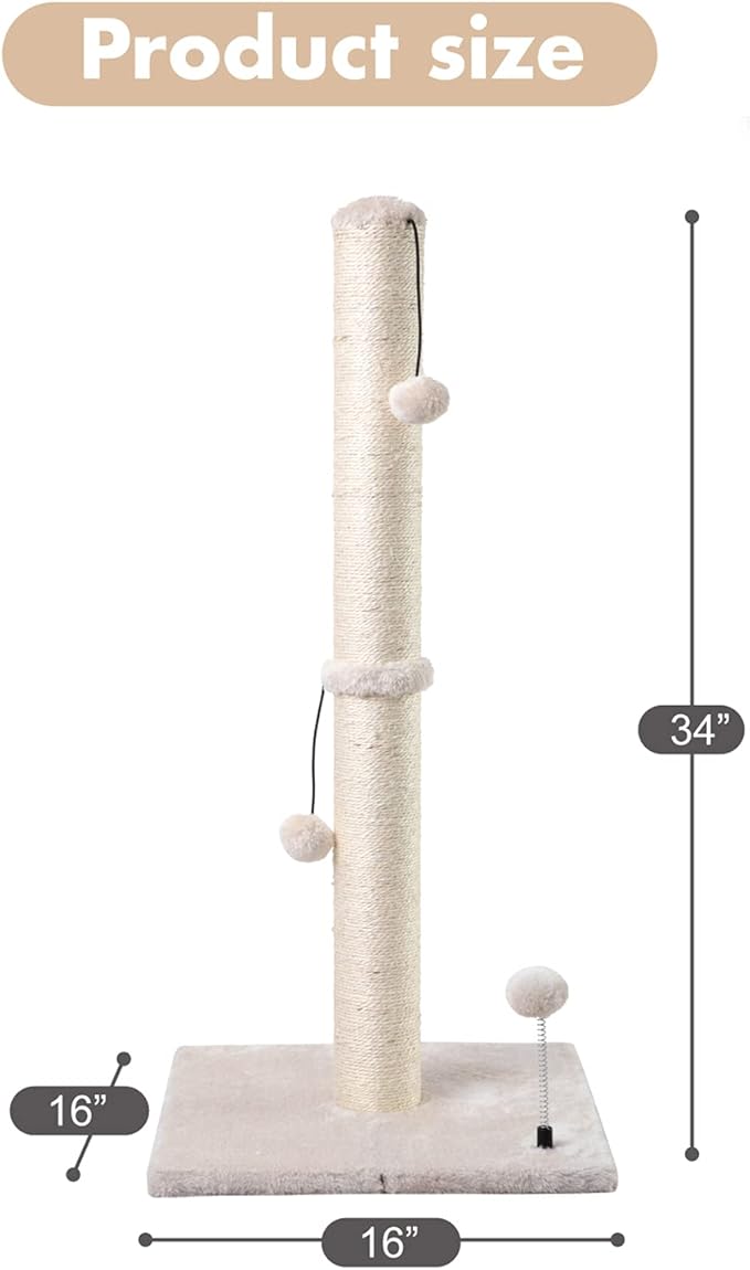 34” Tall Cat Scratching Post Premium Basics Kitten Scratcher Sisal Scratch Posts Trees with Hanging Ball for Indoor Cats (34 inches for Adult Cats, Beige)