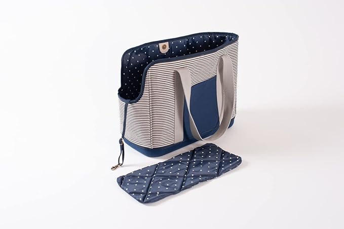 LeftPine x P.L.A.Y. Deluxe Dog Carrier Purse - Soft Sided Pet Travel Tote for Small Dogs & Puppies with Built-In Safety Leash - Machine Washable Liner, Exterior Pocket, Magnetic Closure (Navy Striped)