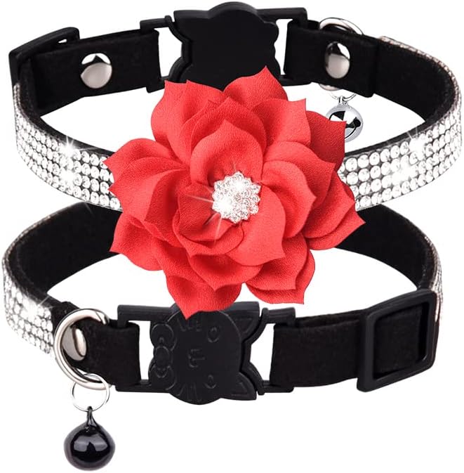 Cat Collars,Rhinestone for Girl Cats Bling Kitten Flower Adjustable Breakaway Collar with Bell Soft Velvet Leather Collar for Puppy Small Dogs (Black1)