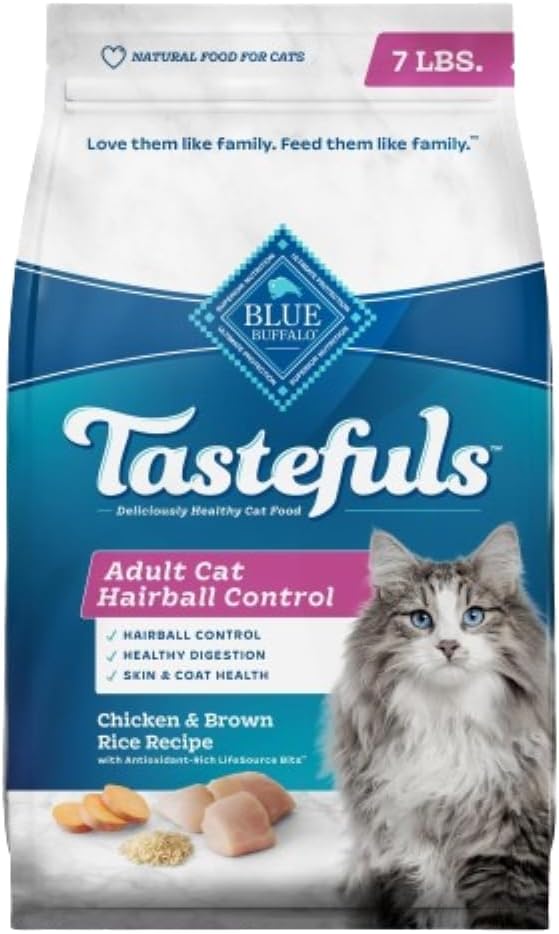 Blue Buffalo Tastefuls Natural Dry Food for Adult Cats, Hairball Control, Chicken & Brown Rice Recipe, 7-lb. Bag