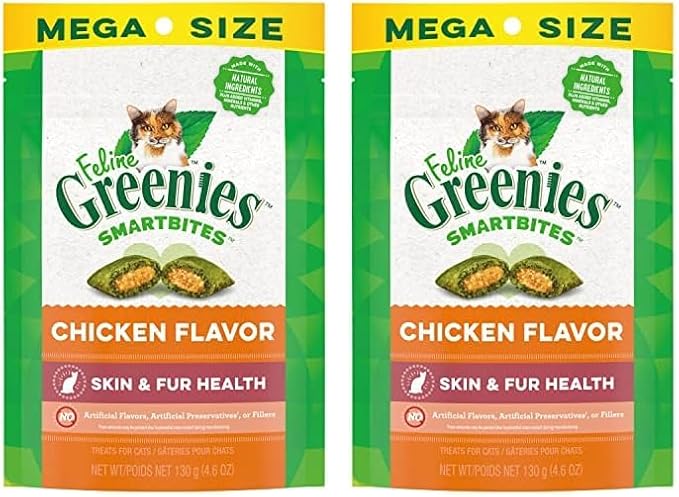 Greenies Feline Smartbites Skin & Fur Crunchy and Soft Natural Cat Treats, Chicken Flavor, 4.6 oz. Pack (Pack of 2)