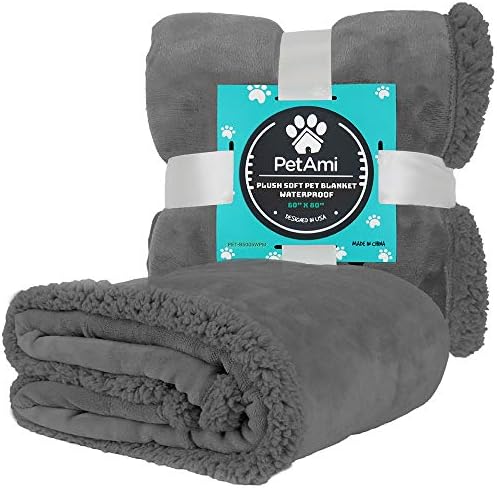 PetAmi WATERPROOF Dog Blanket for Bed, XL Dog Pet Blanket Couch Cover Protector, Sherpa Fleece Leakproof Blanket for Crate Kennel Sofa Furniture Queen Bed Protection Reversible Soft 90x90 Grey Grey