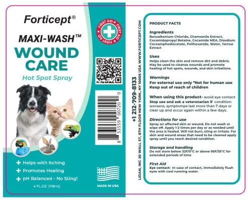 Forticept Maxi-Wash Hot Spot Spray, Wound Care and Skin Treatments, Itch Relief, First Aid and Paw Cleanser for Dogs, 4 Fl Oz