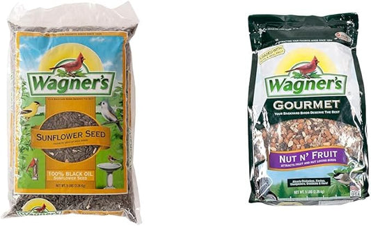 Wagner's 52023 Black Oil Sunflower Seed Wild Bird Food, 5-Pound Bag & 82072 Gourmet Nut & Fruit Wild Bird Food, 5 Pound (Pack of 1)