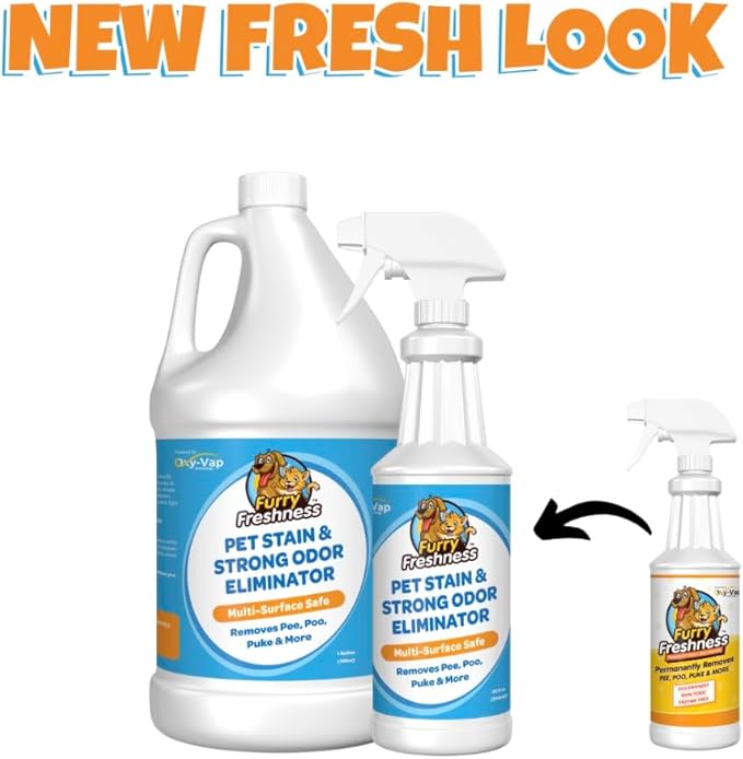 FurryFreshness Extra Strength Cat or Dog Pee Stain & Permanent Odor Remover + Smell Eliminator -Removes Stains from Pets & Kids Including Urine or Blood- Lifts Old Carpet Stains- 32oz Spray & 1 Gallon