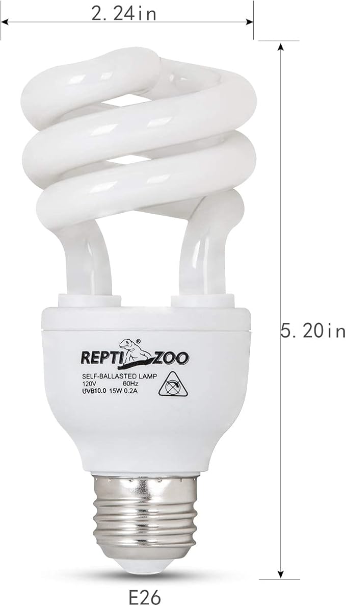 REPTIZOO Energy Saving Lamps UVB Bulb Spiral Compact 15 Watts UVB 10.0 Reptile Light Bulb Fit for Desert Type Reptile/Snake/Lizard/Insect/Leopard Tortoise