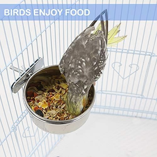 HERCOCCI Bird Feeder Dish Cup, Stainless Steel Parrot Food Bowl Feeding Coop Cups Clamp Holder, Bird Water Cage Bowl for Parakeet Lovebird Conure Cockatiel Budgie Chinchilla (5 Pieces)
