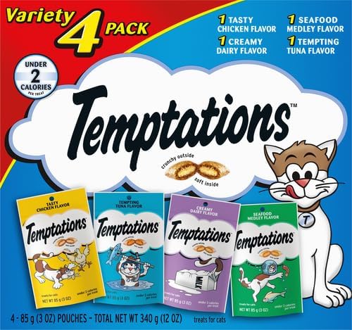 TEMPTATIONS Classic Crunchy and Soft Cat Treats Feline Favorite Variety Pack, 4 Count (Pack of 1)