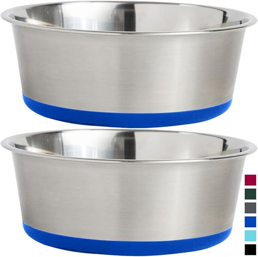 Gorilla Grip Stainless Steel Metal Dog Bowl Set of 2, Rubber Base, Heavy Duty Feeding Dishes, Food Grade BPA Free, Less Sliding, Quiet Pet Bowls for Cats and Dogs, Holds 4 Cups (32 fl oz), Royal Blue