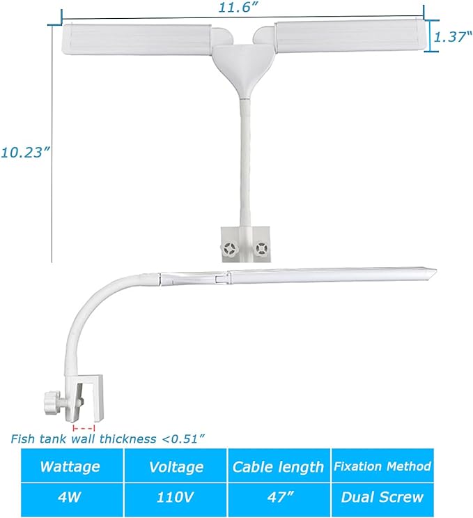 LED Aquarium Light Full Spectrum Clip Fish Tank Light Plants Light Double Swing Arm Light (4, Watts)