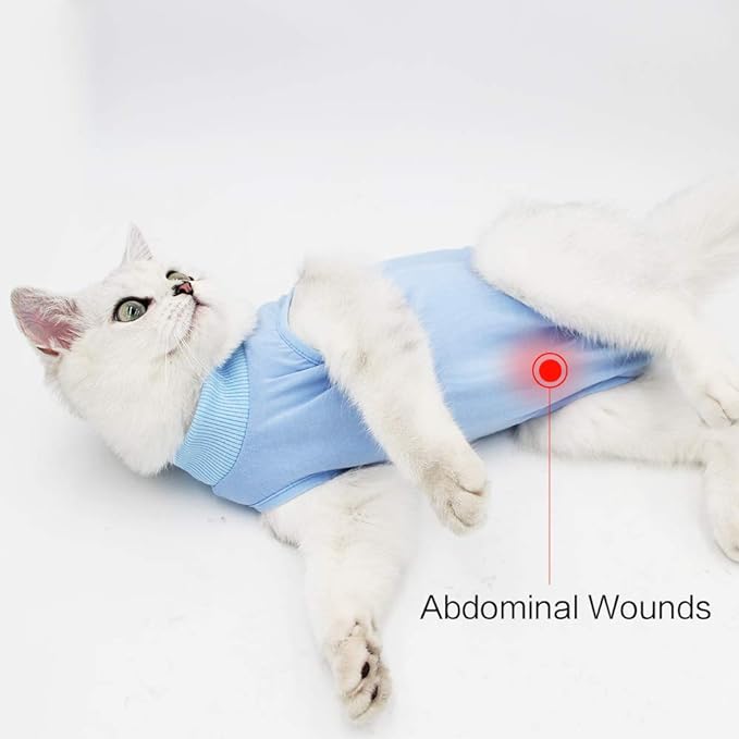 Cat Recovery Suit for Male and Female Surgical Post Surgery Soft Cone Onesie Shirt Clothes Neuter Licking Protective Diapers Outfit Cover Kitten Spay Collar(L, Blue)