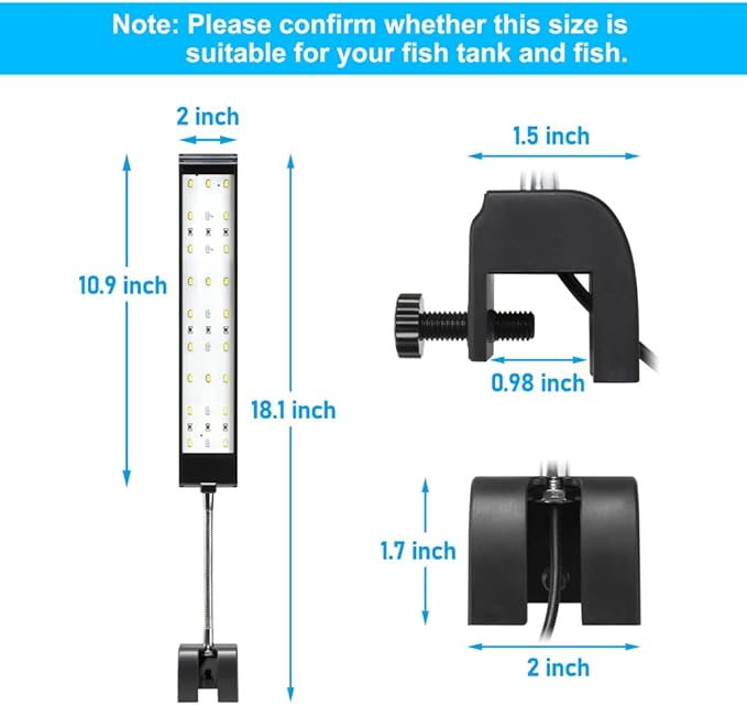 Aquarium Light Clamp Fish Tank Light White and Blue LEDs 11W Aquarium Clip On Light with 3 Lighting Modes and Timer&Dimmer, 1 Yr Warranty