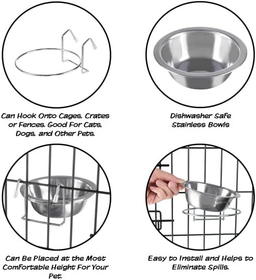 Set of 2 Stainless-Steel Dog Bowls - Cage, Kennel, and Crate Hanging Pet Bowls for Food and Water - 8oz Each and Dishwasher Safe by PETMAKER, Silver