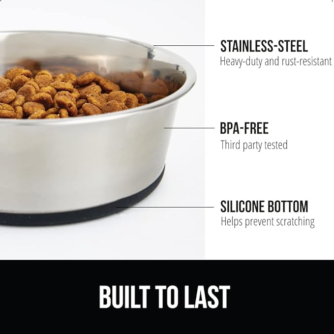 Gorilla Grip Stainless Steel Metal Dog Bowl Set of 2, Rubber Base, Heavy Duty Feeding Dishes, Food Grade BPA Free, Less Sliding, Quiet Pet Bowls for Cats and Dogs, Holds 8 Cups (64 fl oz), Black