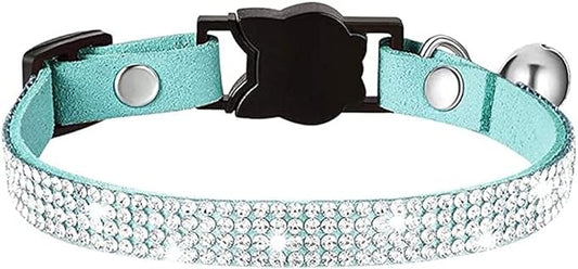 Cat Collars,Rhinestone for Girl Cats Bling Kitten Flower Adjustable Breakaway Collar with Bell Soft Velvet Leather Collar for Puppy Small Dogs (Blue)