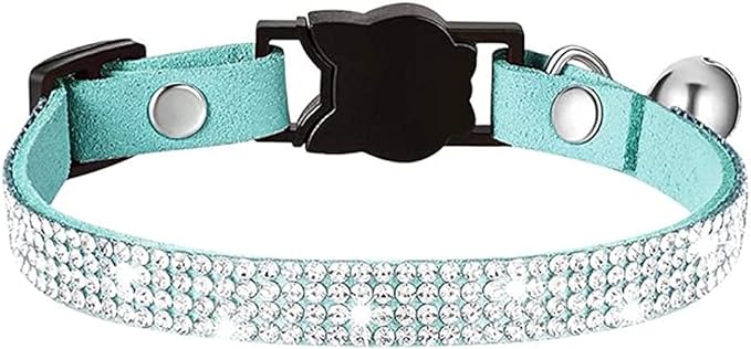 Cat Collars,Rhinestone for Girl Cats Bling Kitten Flower Adjustable Breakaway Collar with Bell Soft Velvet Leather Collar for Puppy Small Dogs (Blue)