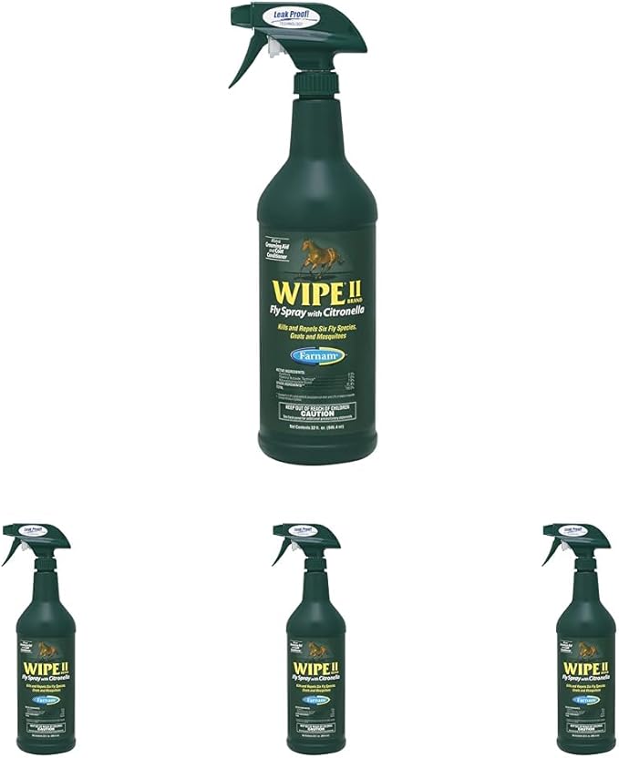 Farnam Wipe II Horse Fly Spray with Citronella, Grooming Aid and Coat Conditioner, 32 Fluid Ounces, One Quart Bottle with Trigger Sprayer (Pack of 4)