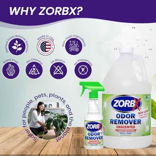 ZORBX Unscented Odor Eliminator for Strong Odor - Used in Hospitals & Healthcare Facilities | Advanced Trusted Formula, Fast-Acting Odor Remover Spray for Dog, Cat, House & Carpet (16 Oz + 128 Oz)