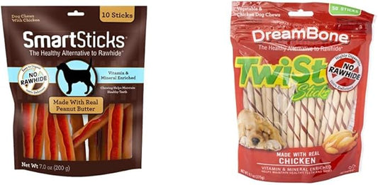 SmartBones SmartSticks Peanut Butter Dog Chews (10 Count) and DreamBone Twist Sticks Chicken Dog Chews (50 Count)