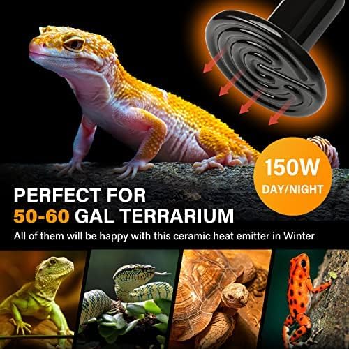 HealSmart Reptile Heat Lamp 150W 4-Pack Ceramic Heat Emitter, No Light Emitting Heat Bulbs for Amphibian Pet Brooder Coop Incubating Chicken, Lizard Bearded Dragon Turtle Snake Terrarium