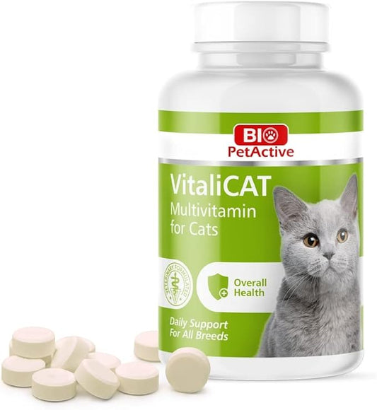 VitaliCAT Multivitamin for Cats, Skin and Coat Supplement, Cat Prenatal Health Supplies, Vitamin A + E + B9 + B5 + H + Biotin + Amino Acids for Cats, 150 Chewable Tablets