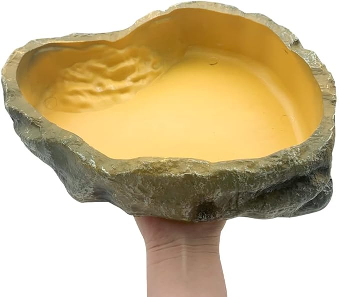 Reptile Water Dish,Resin Reptile Rock Food Feeder bowl, Water and food Bowl,Terrarium Decor for Leopard Gecko, Lizard,Spider,Turtle,Scorpion, Chameleon,Hermit Crabs (L, Yellow)