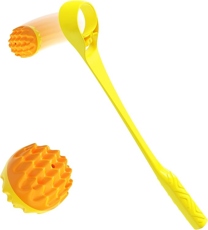 Dog Ball Thrower launcher Interactive Dog Toy with Vocal Cue Ball includes 6.2CM(2.44") Medium Herding Ball & 49.3CM(19.4") Non-slip Handle Yellow