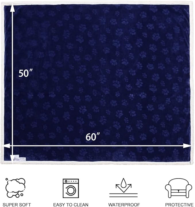 Qeils Dog Blankets for Medium Dogs - Waterproof Cat Blanket Washable - Sherpa Fleece Puppy Blanket, Soft Plush Reversible Throw Protector for Bed Couch Car Sofa, 50"X60", Navy Blue