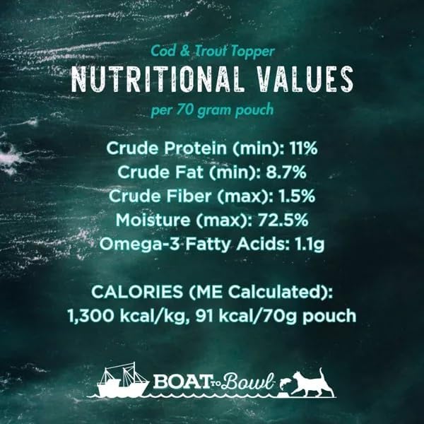 Cod and Trout Fish Food Topper Wet Cat and Dog Food | Entice Picky Eaters | Rich in Omega-3s | 6 Pack of 2.46oz Pouches