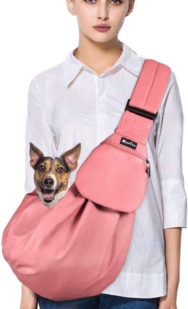 SlowTon Dog Carrier Sling - Thick Padded Adjustable Shoulder Strap Dog Carriers for Small Dogs, Puppy Carrier Purse for Pet Cat with Front Zipper Pocket Safety Belt Machine Washable (Pink M)