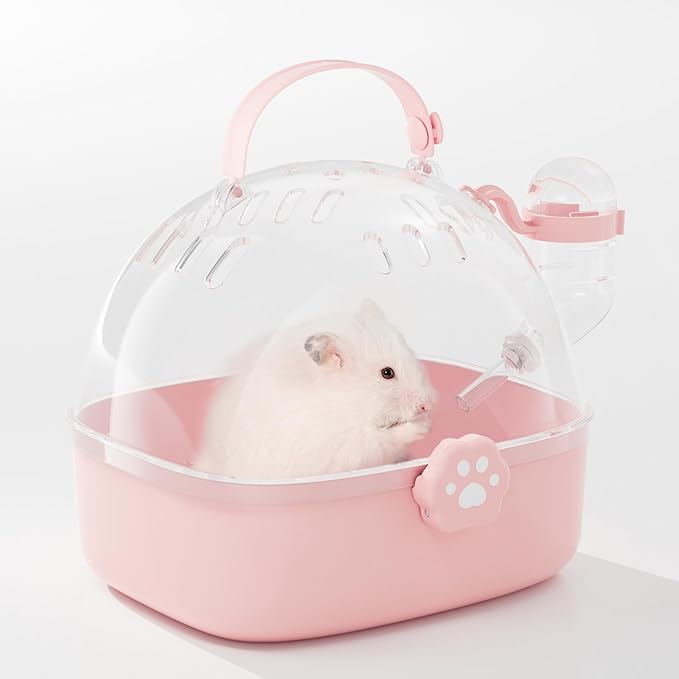 BUCATSTATE Small Animal Carrier Cage with Water Bottle, Portable Hamster Travel Carrier Carry Case 7.24" L*6.69 W *6.42" H for Small Pets, Gerbils, Mice, Dwarf Hamster (Pink)