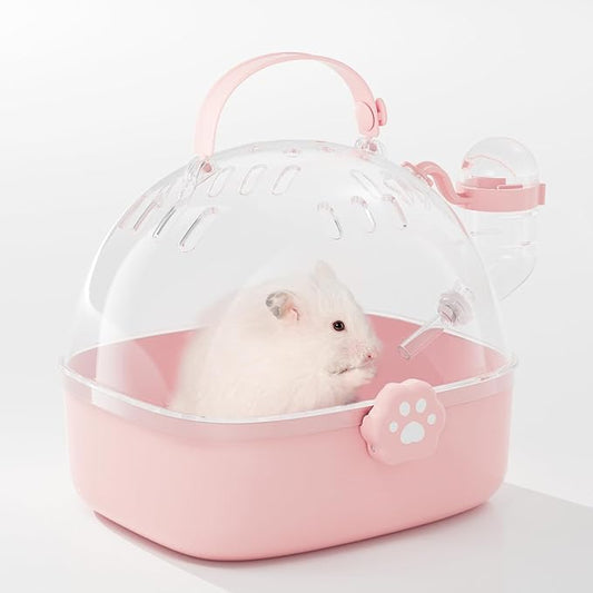 BUCATSTATE Small Animal Carrier Cage with Water Bottle, Portable Hamster Travel Carrier Carry Case 7.24" L*6.69 W *6.42" H for Small Pets, Gerbils, Mice, Dwarf Hamster (Pink)