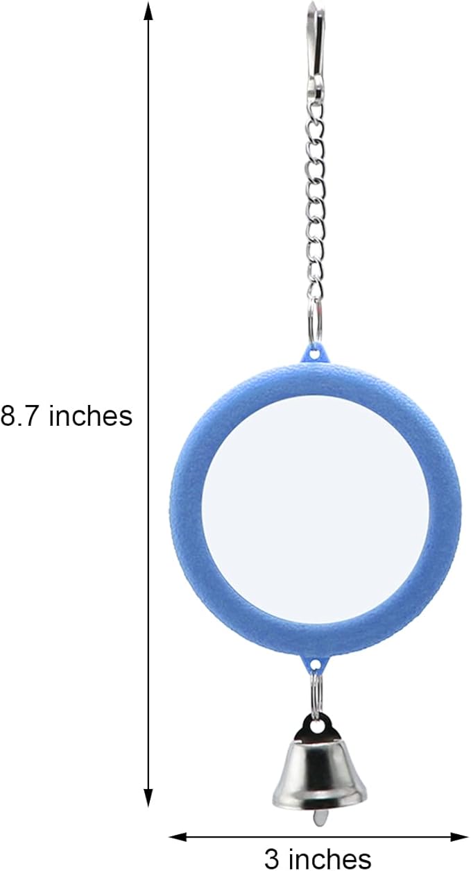 2PCS Bird Mirror with Bell Parrot Hanging Interactive Playing Toy for Cockatiel Parakeets Canaries Budgie Cage Accessories (Blue)