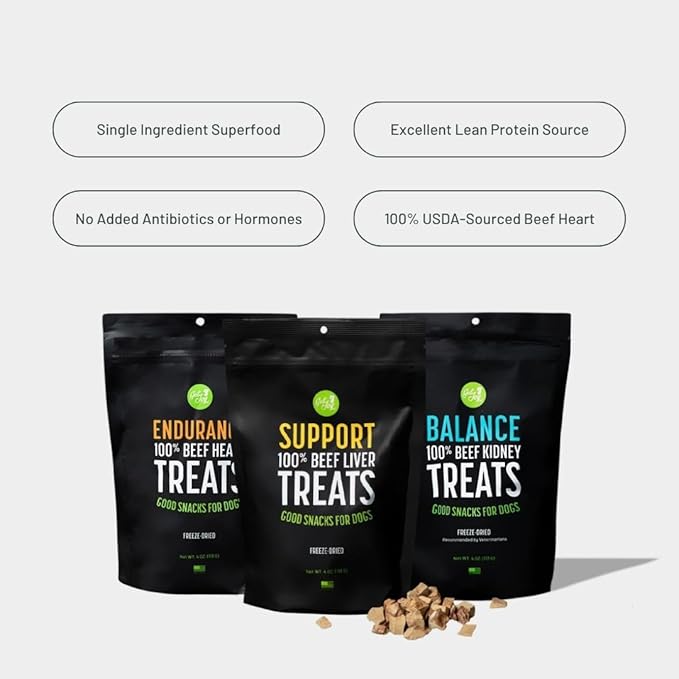 Freeze Dried Superfood 100% Beef Heart, Kidney, Liver Dog Treats Variety Pack, 4 Ounce (Pack of 3), Single Ingredient Organ Meat, High Protein, Grain Free, Gluten Free, Made in USA