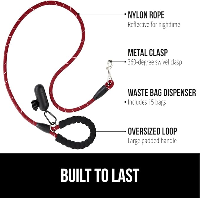 Gorilla Grip Heavy Duty Dog Leash, Soft Handle, Strong Reflective Rope for Night Pet Walking, Small Medium Large Animals, Durable Puppy Training Leashes, Rotating Metal Clip, Waste Bag Dispenser, Red