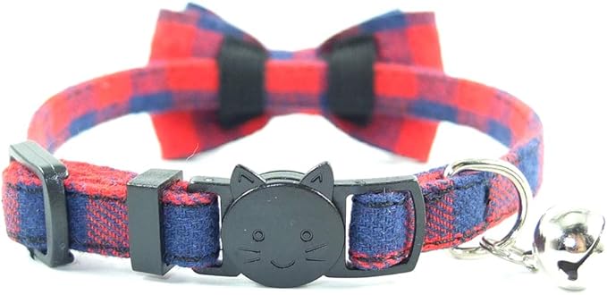 Cat Collar Breakaway with Bell and Bow Tie, Plaid Design Adjustable Safety Kitty Kitten Collars Set of 2 PCS(6.8-10.8in) (Red&Black Plaid)