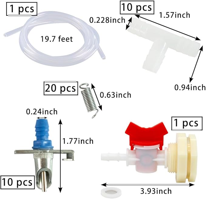 Automatic Rabbit Watering System Kit, Rodent Poultry Watering System Bucket Connector Include 10 Nipple Drinker Feeders,ID 5/16'' Hose,Barb Valve Fitting to G 1/2'' Thread Connector