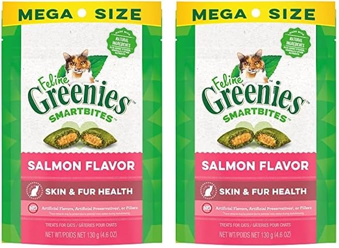 Greenies Feline Smartbites Skin & Fur Crunchy and Soft Natural Cat Treats, Salmon Flavor, 4.6 oz. Pack (Pack of 2)
