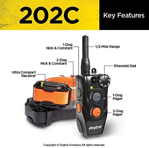 Dogtra 202C Remote Training E-Collar - 1/2 Mile Range - 2-Dogs System, Static, Vibration, Medium Output, Adjustable Levels, Waterproof, Electric Dog Collar for Basic Training of Small, Medium Dogs