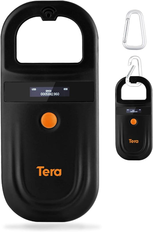 Tera Pet Microchip Reader Scanner with D-Ring RFID Portable Animal Chip ID Scanner with OLED Display Screen Rechargeable Data Storage Tag Scanner EMID FDX-B(ISO11784/85) for Dogs Cat Animal Management