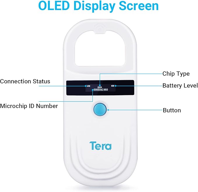 Tera Pet Microchip Reader Scanner with D-Ring RFID Portable Animal Chip ID Scanner with OLED Display Screen Rechargeable Data Storage Tag Scanner EMID FDX-B(ISO11784/85) for Dog Animal Management W80