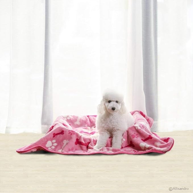 Allisandro Luxurious Dog Blanket, 350 GSM Super Fuzzy Microplush Fleece Pet Blankets for Small Medium Large Dogs and Cats, Pink Paw and Bone, 40" x 32"