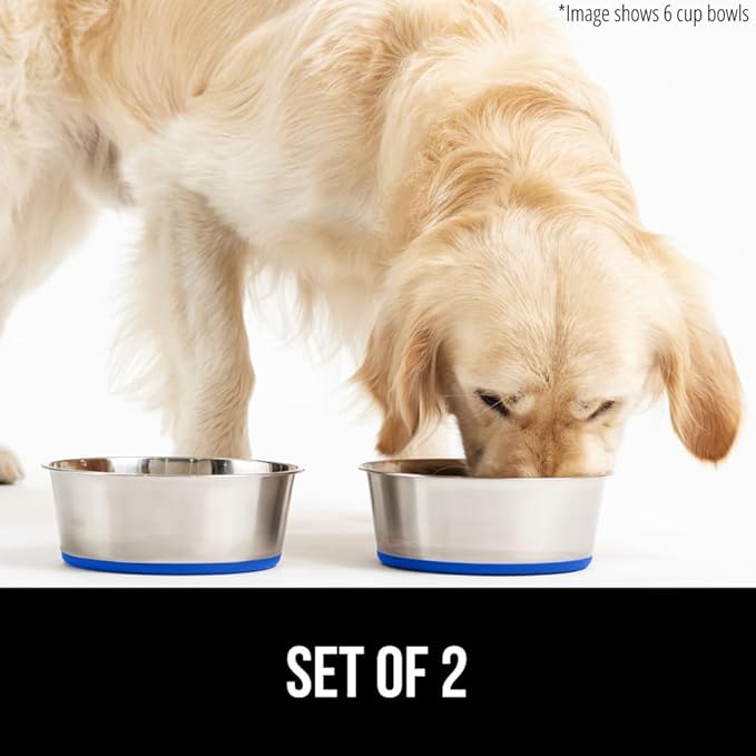 Gorilla Grip Stainless Steel Metal Dog Bowl Set of 2, Rubber Base, Heavy Duty Feeding Dishes, Food Grade BPA Free, Less Sliding, Quiet Pet Bowls for Cats and Dogs, Holds 8 Cups (64 fl oz), Royal Blue