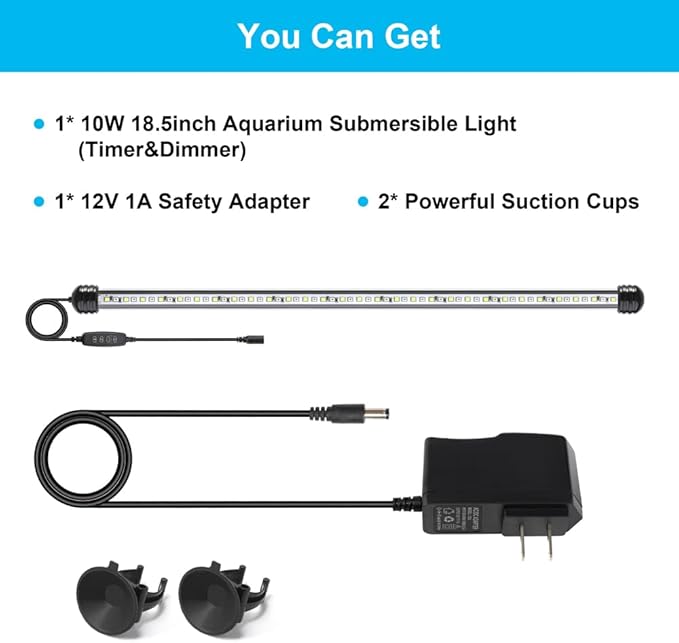 10W 18.5inch Submersible Aquarium Light Underwater Fish Tank Light LED Aquarium Light Bar with Timer Auto On/Off and Dimmer Adjustable Brightness, 1 Yr Warranty