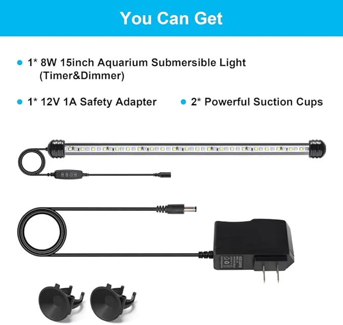 8W 15inch Submersible Aquarium Light Underwater Fish Tank Light LED Aquarium Light Bar with Timer Auto On/Off and Dimmer Adjustable Brightness, 1 Yr Warranty