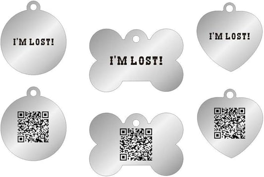 Pet ID Tags with QR Code for Dog & Cat - 3-Pack ID Tag for Cats & Dogs with Easy Setup - Bone, Heart & Round Shapes, for Collar, Medium Small Name Tag, Customizable Personalized