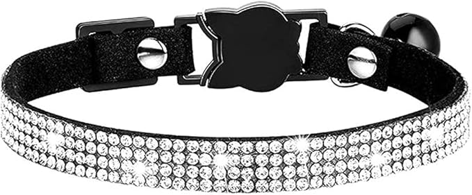 Cat Collars,Rhinestone for Girl Cats Bling Kitten Flower Adjustable Breakaway Collar with Bell Soft Velvet Leather Collar for Puppy Small Dogs (Black)