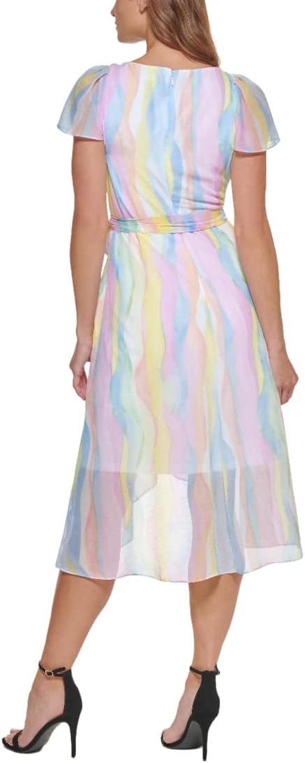 DKNY Women's Short Sleeve Asymmetrical Hem Faux Wrap Dress